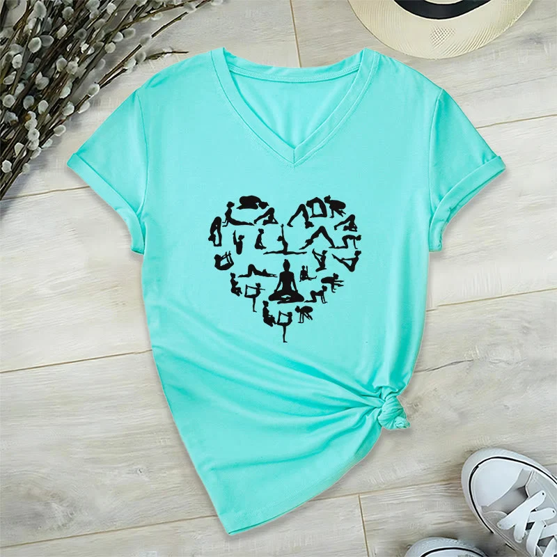Olivenorma Herzförmiges Damen-T-Shirt mit V-Ausschnitt und Silhouette aller Yoga-Posen