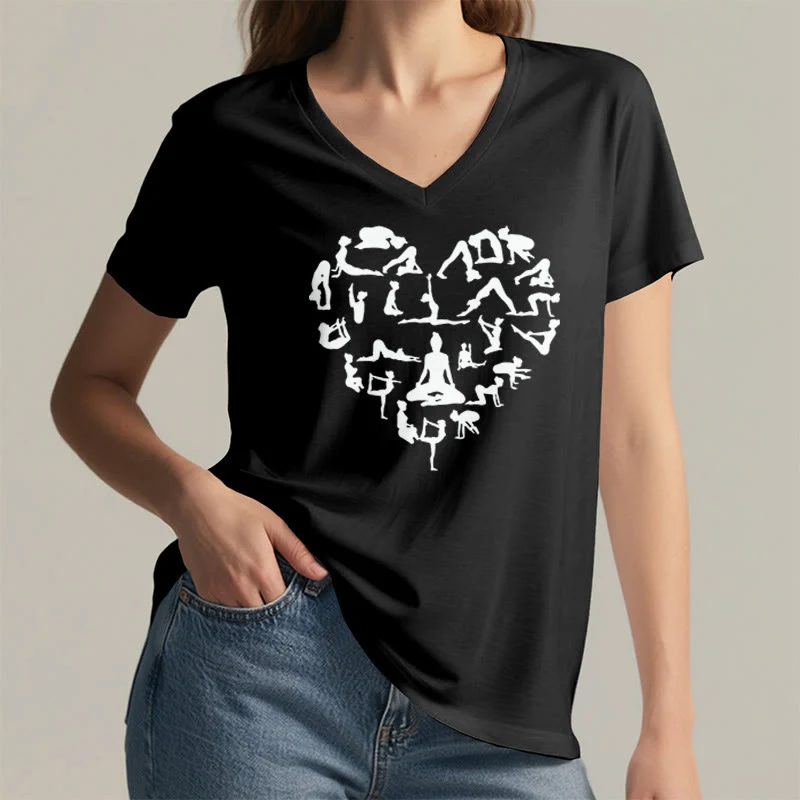 Olivenorma Herzförmiges Damen-T-Shirt mit V-Ausschnitt und Silhouette aller Yoga-Posen