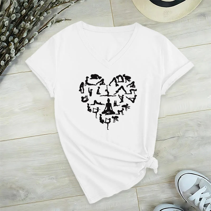Olivenorma Herzförmiges Damen-T-Shirt mit V-Ausschnitt und Silhouette aller Yoga-Posen