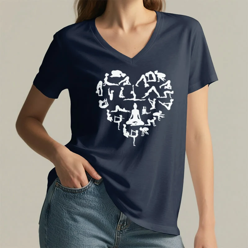 Olivenorma Herzförmiges Damen-T-Shirt mit V-Ausschnitt und Silhouette aller Yoga-Posen