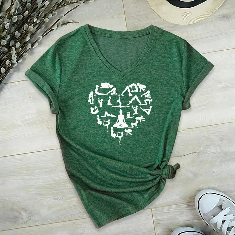 Olivenorma Herzförmiges Damen-T-Shirt mit V-Ausschnitt und Silhouette aller Yoga-Posen