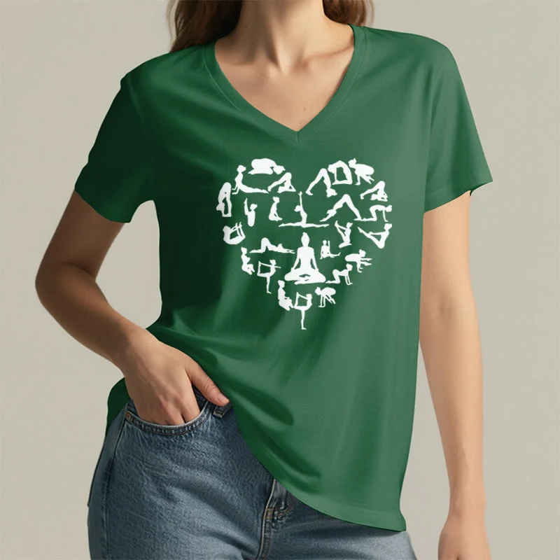 Olivenorma Herzförmiges Damen-T-Shirt mit V-Ausschnitt und Silhouette aller Yoga-Posen