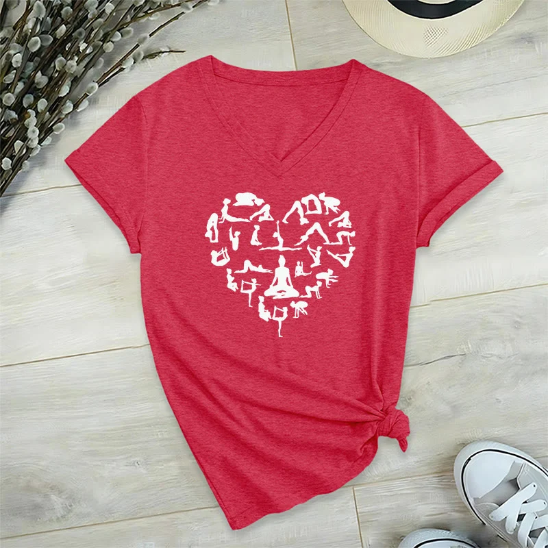 Olivenorma Herzförmiges Damen-T-Shirt mit V-Ausschnitt und Silhouette aller Yoga-Posen