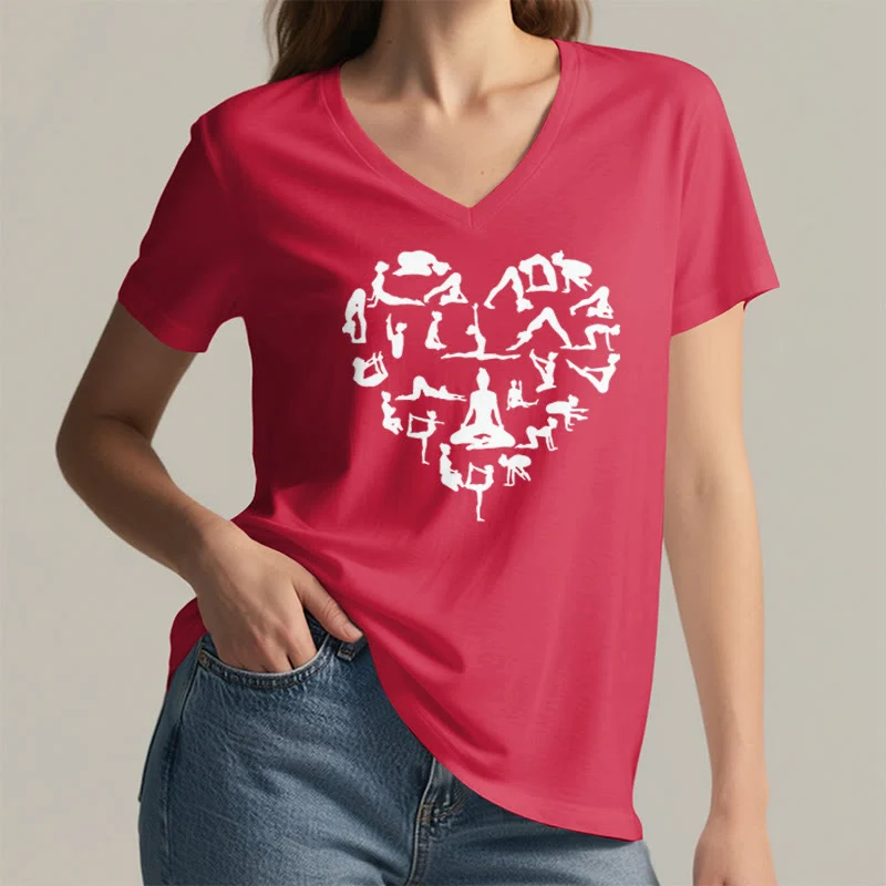Olivenorma Herzförmiges Damen-T-Shirt mit V-Ausschnitt und Silhouette aller Yoga-Posen