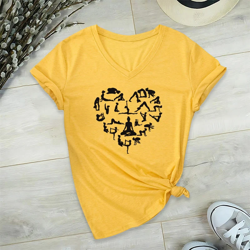 Olivenorma Herzförmiges Damen-T-Shirt mit V-Ausschnitt und Silhouette aller Yoga-Posen