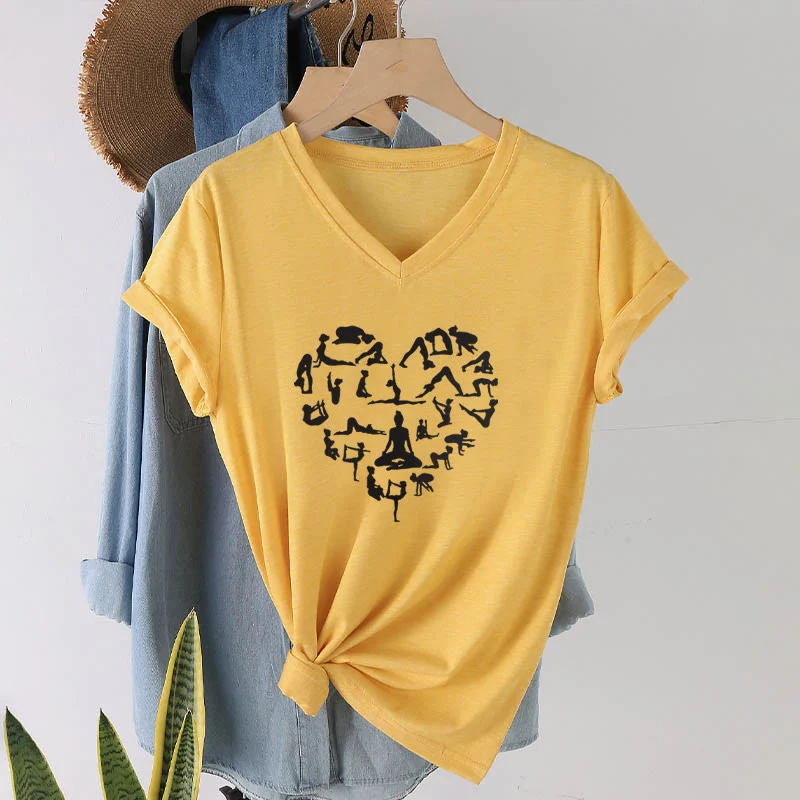 Olivenorma Herzförmiges Damen-T-Shirt mit V-Ausschnitt und Silhouette aller Yoga-Posen