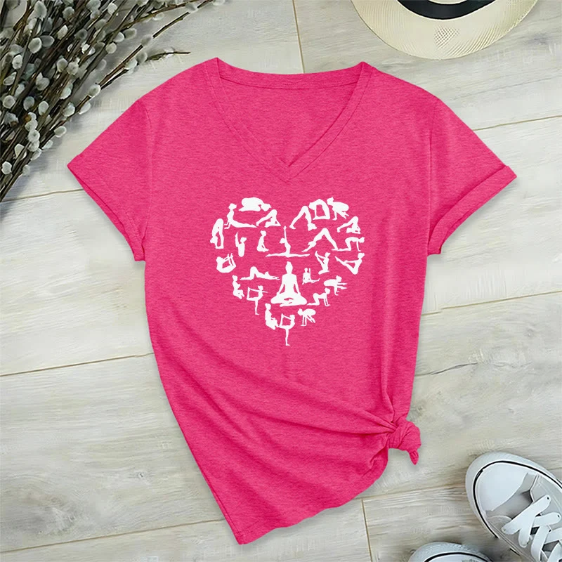 Olivenorma Herzförmiges Damen-T-Shirt mit V-Ausschnitt und Silhouette aller Yoga-Posen