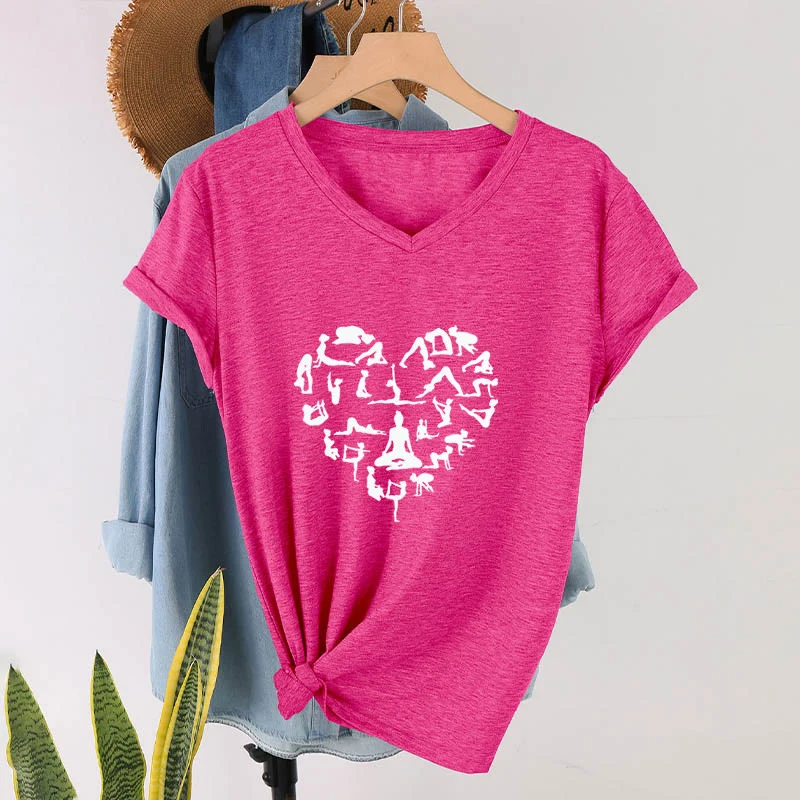Olivenorma Herzförmiges Damen-T-Shirt mit V-Ausschnitt und Silhouette aller Yoga-Posen