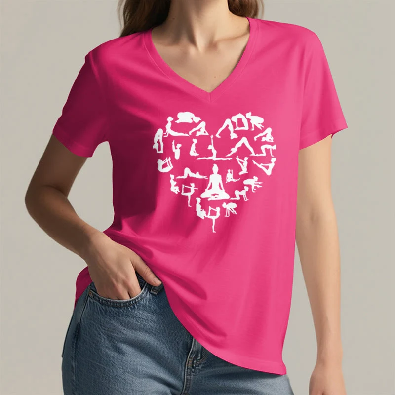 Olivenorma Herzförmiges Damen-T-Shirt mit V-Ausschnitt und Silhouette aller Yoga-Posen
