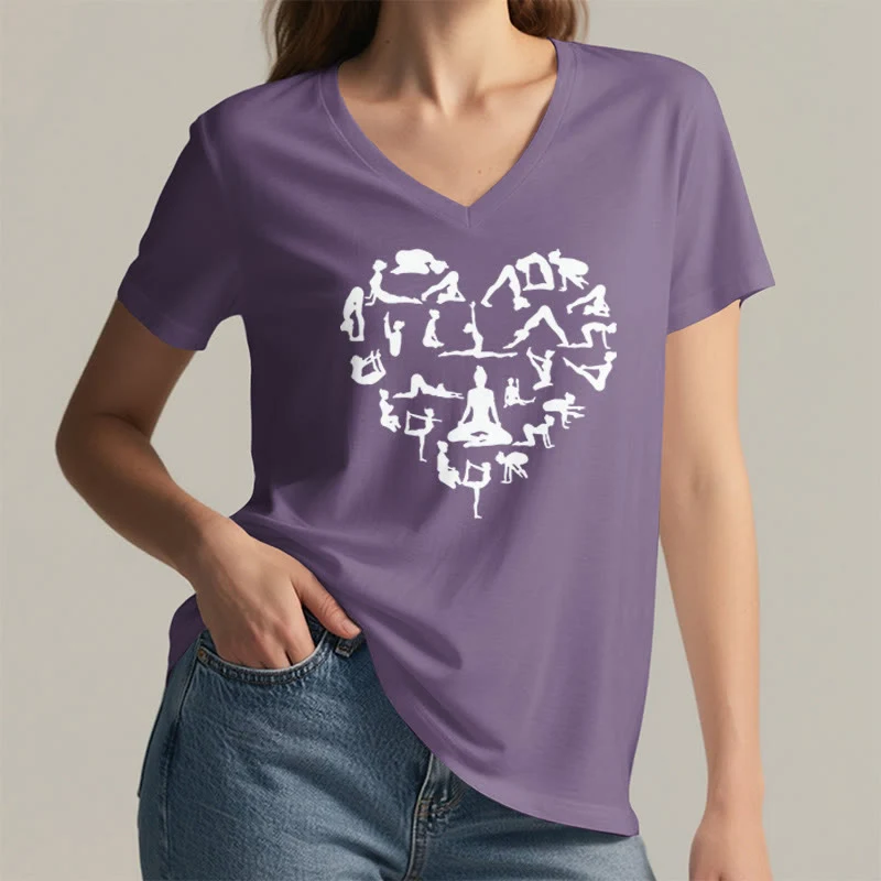 Olivenorma Herzförmiges Damen-T-Shirt mit V-Ausschnitt und Silhouette aller Yoga-Posen