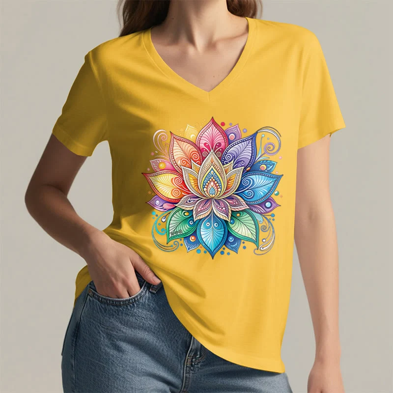 Olivenorma Damen-T-Shirt mit lebendigem Regenbogen-Mandala-Lotus-Boho-Grafikmuster und V-Ausschnitt