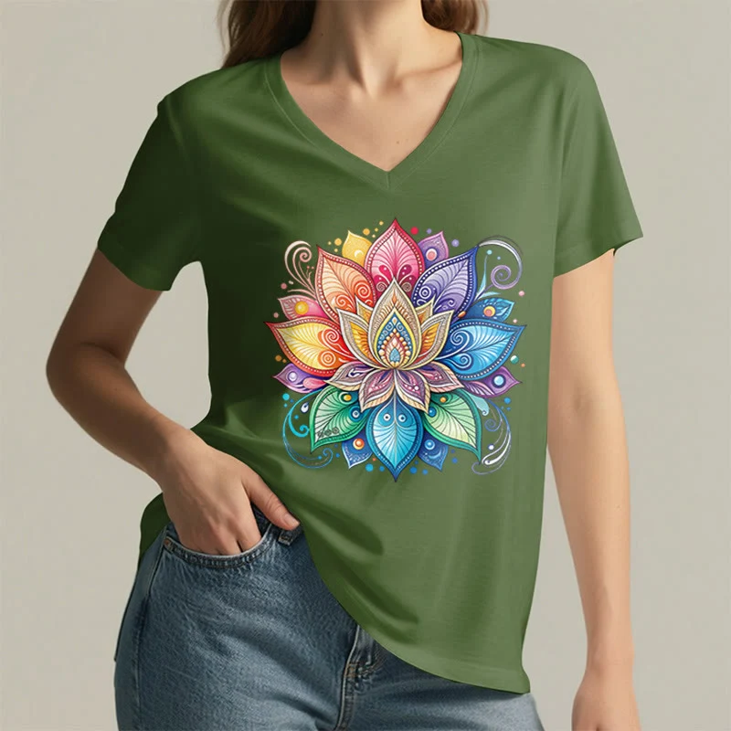Olivenorma Damen-T-Shirt mit lebendigem Regenbogen-Mandala-Lotus-Boho-Grafikmuster und V-Ausschnitt