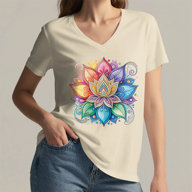 Olivenorma Damen-T-Shirt mit lebendigem Regenbogen-Mandala-Lotus-Boho-Grafikmuster und V-Ausschnitt
