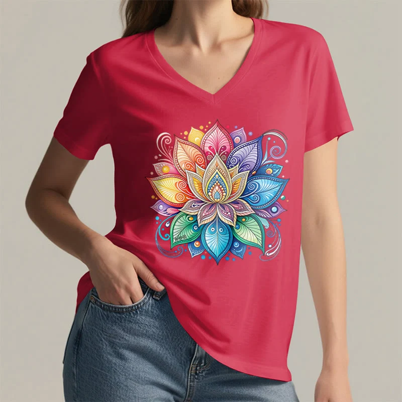 Olivenorma Damen-T-Shirt mit lebendigem Regenbogen-Mandala-Lotus-Boho-Grafikmuster und V-Ausschnitt