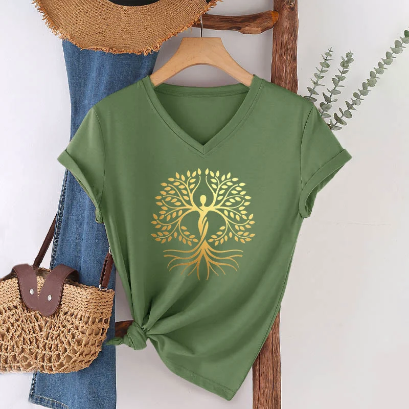 Olivenorma Goldfolien-T-Shirt mit menschlicher Silhouette und spirituellem Lebensbaum-Motiv, V-Ausschnitt, für Damen