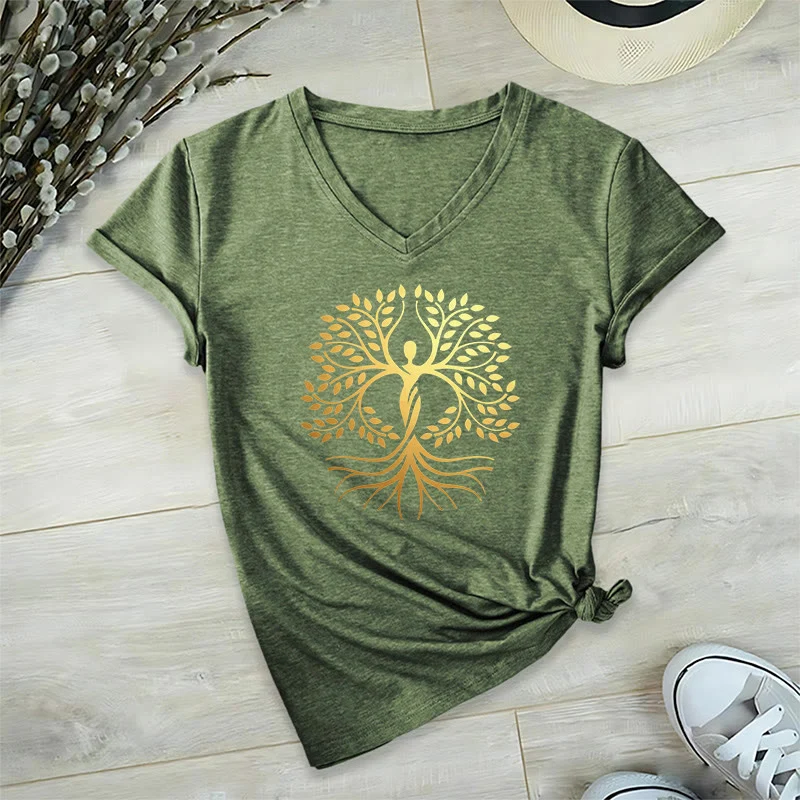 Olivenorma Goldfolien-T-Shirt mit menschlicher Silhouette und spirituellem Lebensbaum-Motiv, V-Ausschnitt, für Damen