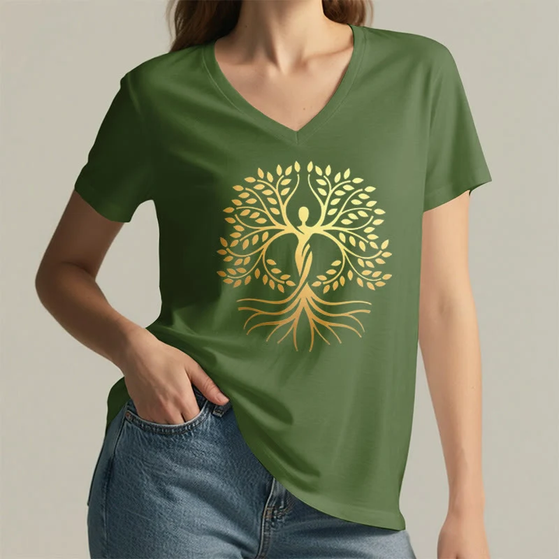Olivenorma Goldfolien-T-Shirt mit menschlicher Silhouette und spirituellem Lebensbaum-Motiv, V-Ausschnitt, für Damen