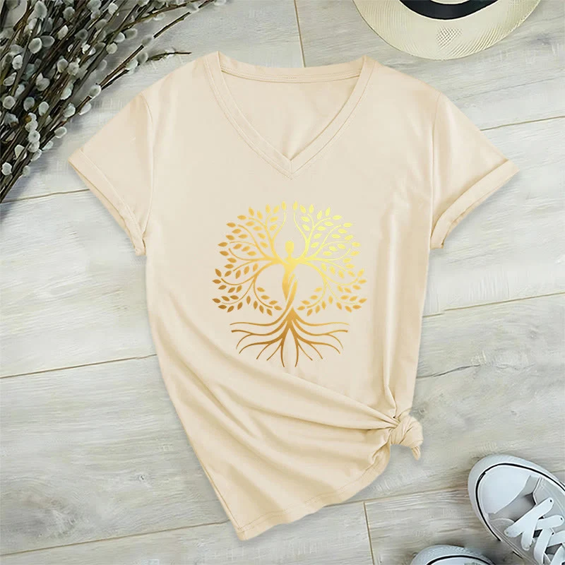 Olivenorma Goldfolien-T-Shirt mit menschlicher Silhouette und spirituellem Lebensbaum-Motiv, V-Ausschnitt, für Damen