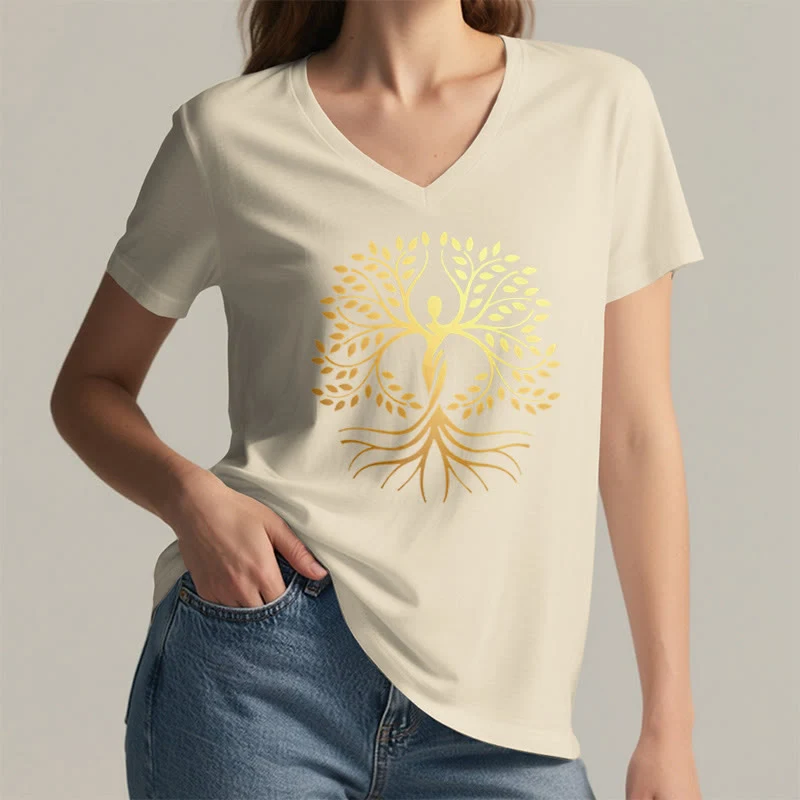 Olivenorma Goldfolien-T-Shirt mit menschlicher Silhouette und spirituellem Lebensbaum-Motiv, V-Ausschnitt, für Damen