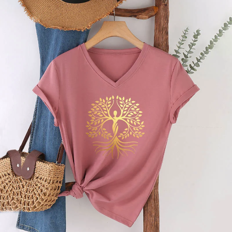 Olivenorma Goldfolien-T-Shirt mit menschlicher Silhouette und spirituellem Lebensbaum-Motiv, V-Ausschnitt, für Damen