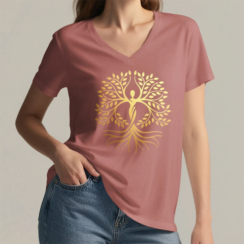 Olivenorma Goldfolien-T-Shirt mit menschlicher Silhouette und spirituellem Lebensbaum-Motiv, V-Ausschnitt, für Damen