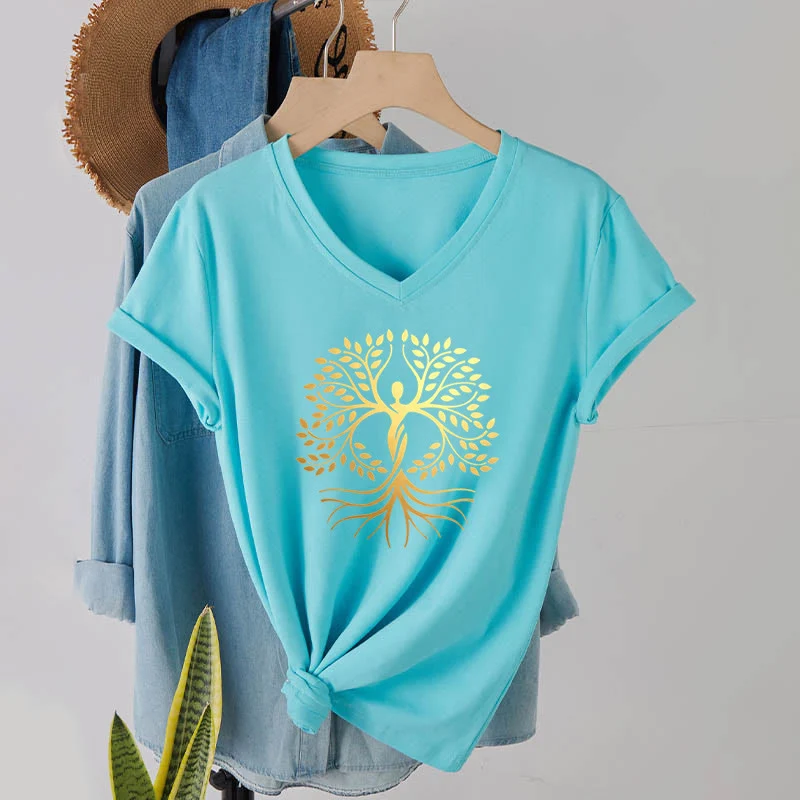 Olivenorma Goldfolien-T-Shirt mit menschlicher Silhouette und spirituellem Lebensbaum-Motiv, V-Ausschnitt, für Damen