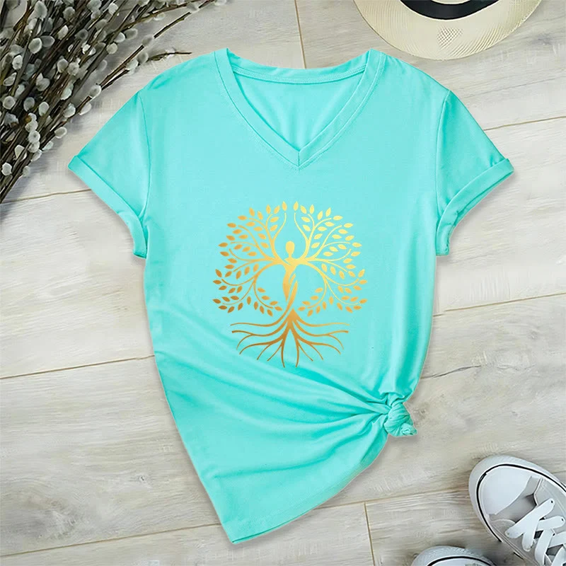 Olivenorma Goldfolien-T-Shirt mit menschlicher Silhouette und spirituellem Lebensbaum-Motiv, V-Ausschnitt, für Damen