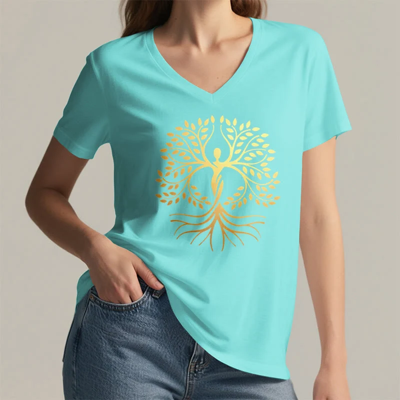 Olivenorma Goldfolien-T-Shirt mit menschlicher Silhouette und spirituellem Lebensbaum-Motiv, V-Ausschnitt, für Damen