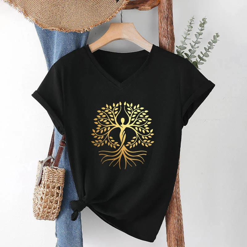 Olivenorma Goldfolien-T-Shirt mit menschlicher Silhouette und spirituellem Lebensbaum-Motiv, V-Ausschnitt, für Damen