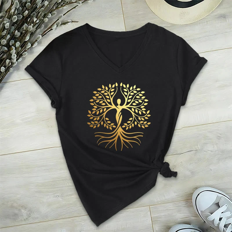 Olivenorma Goldfolien-T-Shirt mit menschlicher Silhouette und spirituellem Lebensbaum-Motiv, V-Ausschnitt, für Damen