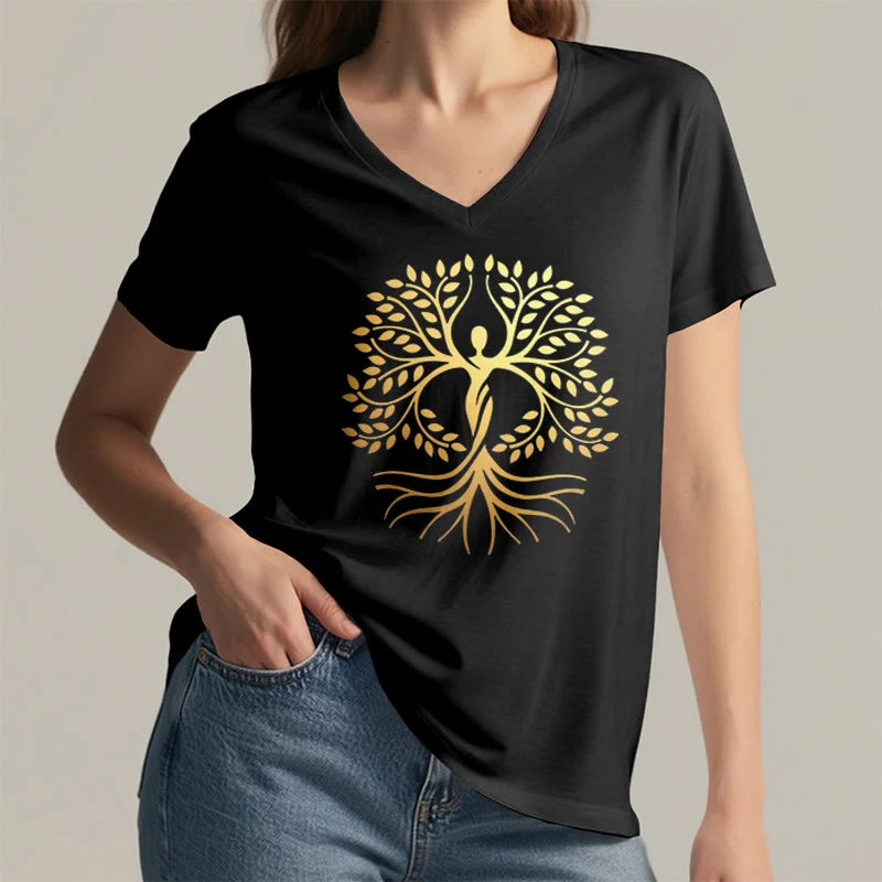 Olivenorma Goldfolien-T-Shirt mit menschlicher Silhouette und spirituellem Lebensbaum-Motiv, V-Ausschnitt, für Damen
