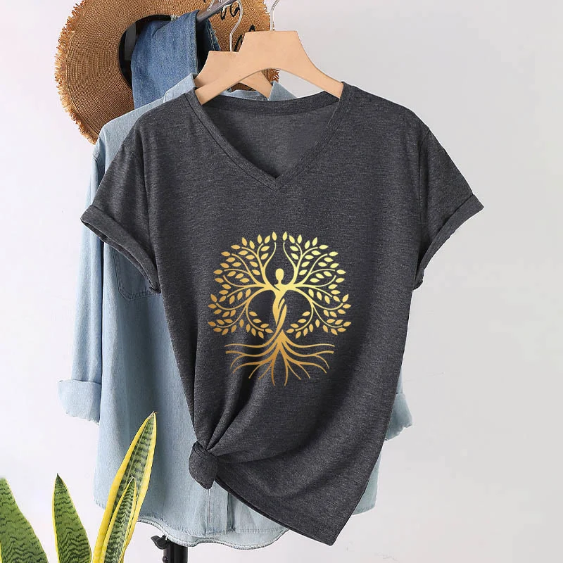 Olivenorma Goldfolien-T-Shirt mit menschlicher Silhouette und spirituellem Lebensbaum-Motiv, V-Ausschnitt, für Damen