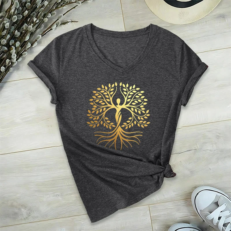 Olivenorma Goldfolien-T-Shirt mit menschlicher Silhouette und spirituellem Lebensbaum-Motiv, V-Ausschnitt, für Damen
