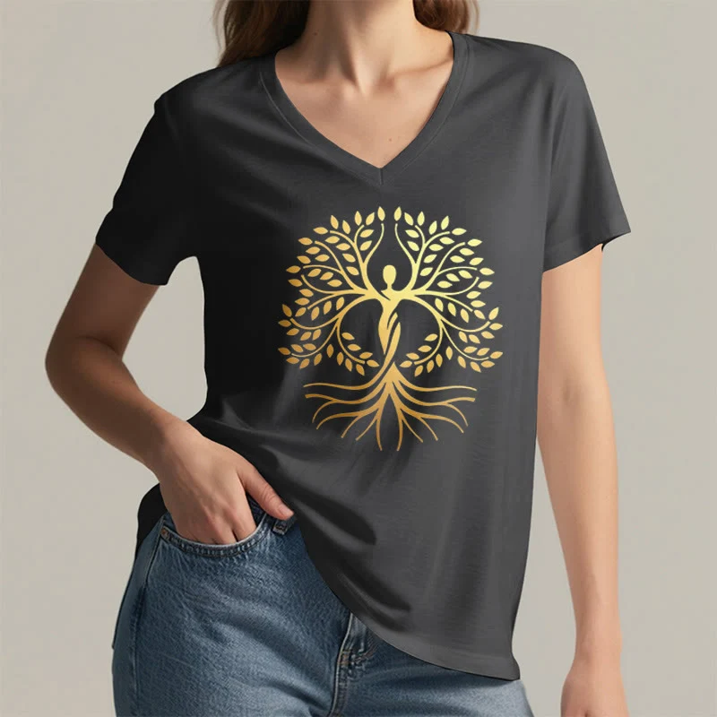 Olivenorma Goldfolien-T-Shirt mit menschlicher Silhouette und spirituellem Lebensbaum-Motiv, V-Ausschnitt, für Damen