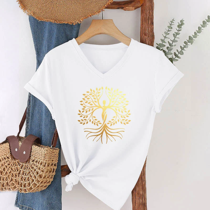 Olivenorma Goldfolien-T-Shirt mit menschlicher Silhouette und spirituellem Lebensbaum-Motiv, V-Ausschnitt, für Damen