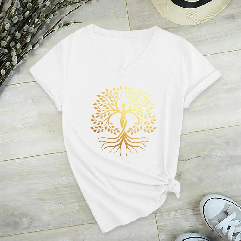 Olivenorma Goldfolien-T-Shirt mit menschlicher Silhouette und spirituellem Lebensbaum-Motiv, V-Ausschnitt, für Damen