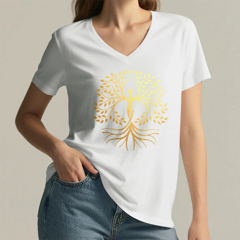 Olivenorma Goldfolien-T-Shirt mit menschlicher Silhouette und spirituellem Lebensbaum-Motiv, V-Ausschnitt, für Damen