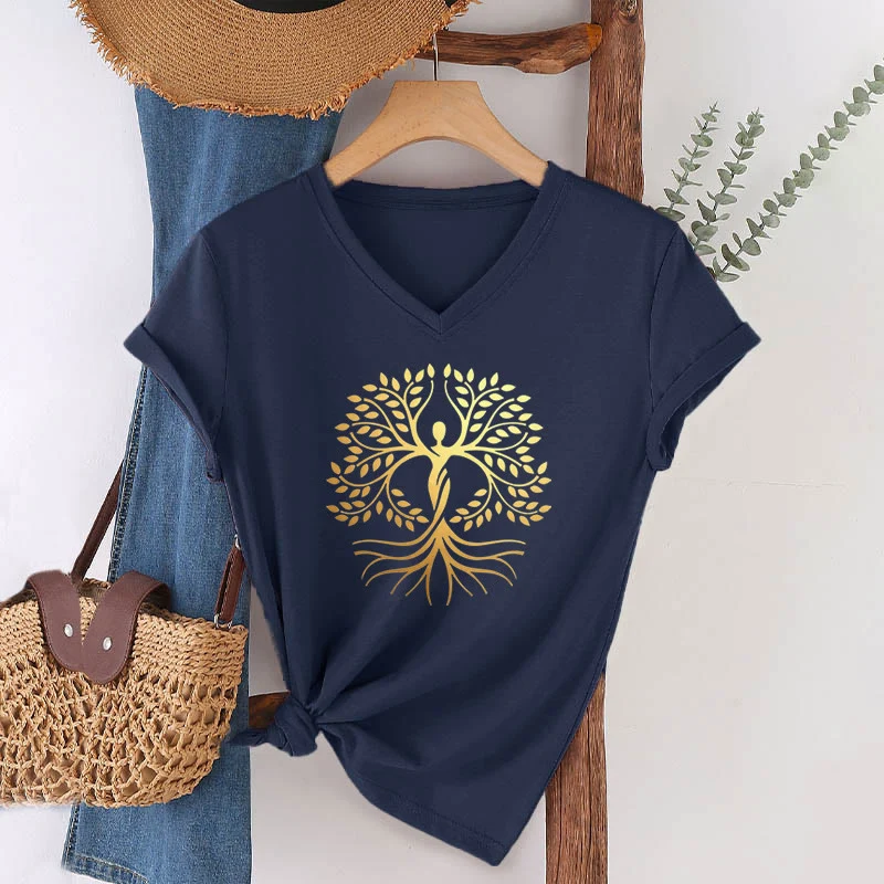 Olivenorma Goldfolien-T-Shirt mit menschlicher Silhouette und spirituellem Lebensbaum-Motiv, V-Ausschnitt, für Damen