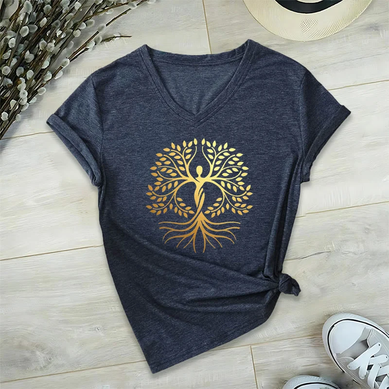 Olivenorma Goldfolien-T-Shirt mit menschlicher Silhouette und spirituellem Lebensbaum-Motiv, V-Ausschnitt, für Damen