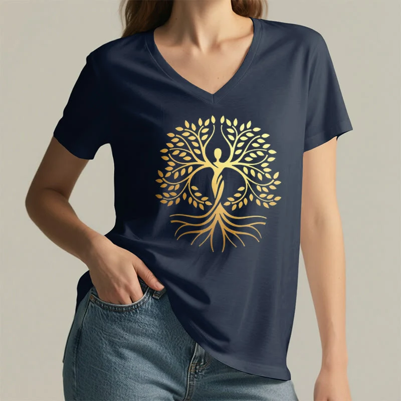 Olivenorma Goldfolien-T-Shirt mit menschlicher Silhouette und spirituellem Lebensbaum-Motiv, V-Ausschnitt, für Damen