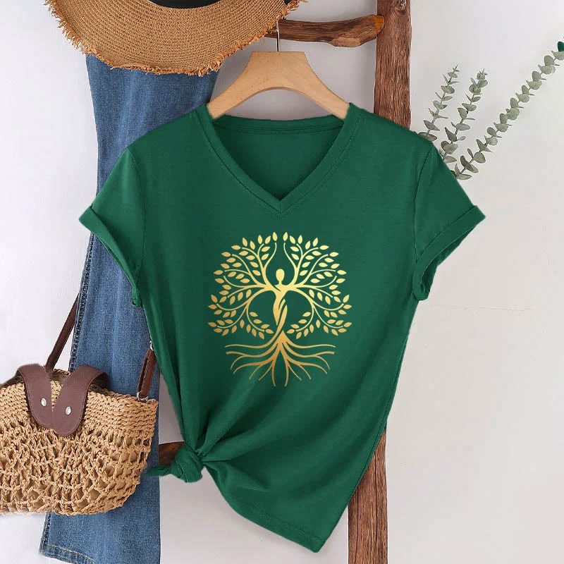 Olivenorma Goldfolien-T-Shirt mit menschlicher Silhouette und spirituellem Lebensbaum-Motiv, V-Ausschnitt, für Damen