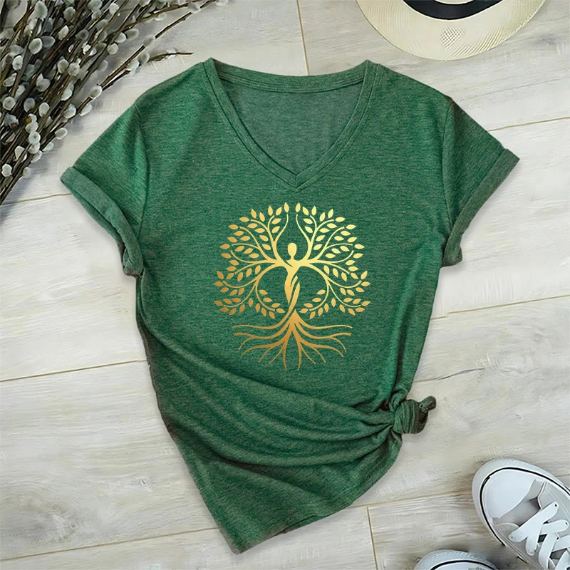 Olivenorma Goldfolien-T-Shirt mit menschlicher Silhouette und spirituellem Lebensbaum-Motiv, V-Ausschnitt, für Damen