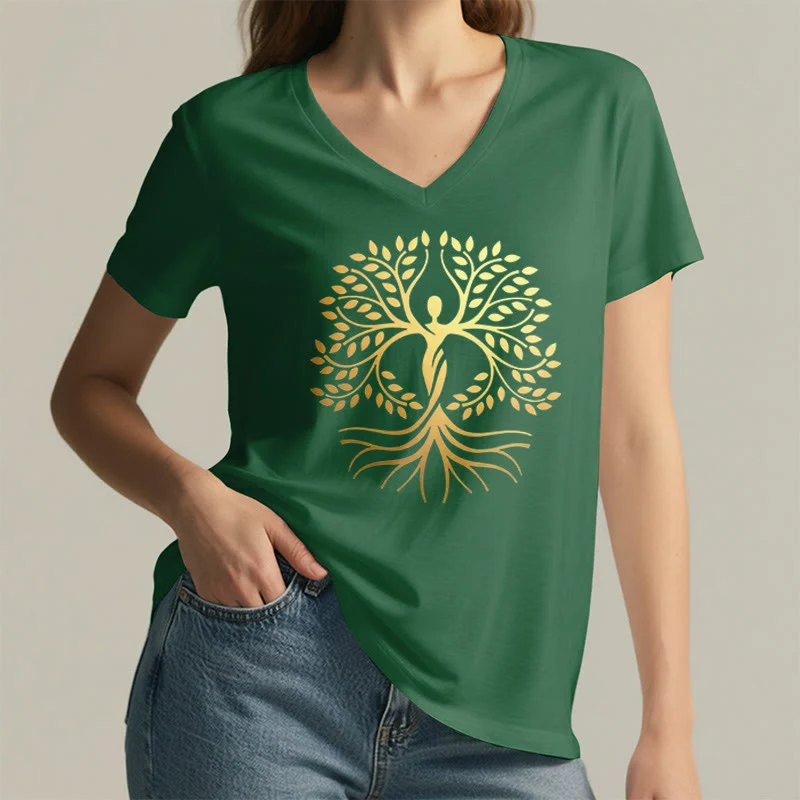 Olivenorma Goldfolien-T-Shirt mit menschlicher Silhouette und spirituellem Lebensbaum-Motiv, V-Ausschnitt, für Damen