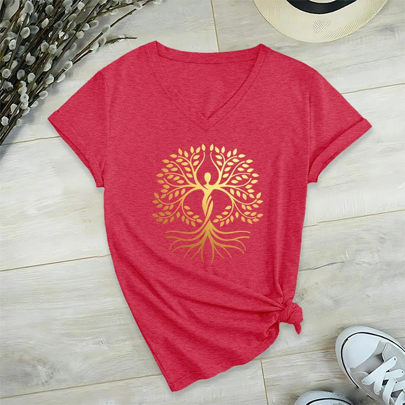 Olivenorma Goldfolien-T-Shirt mit menschlicher Silhouette und spirituellem Lebensbaum-Motiv, V-Ausschnitt, für Damen
