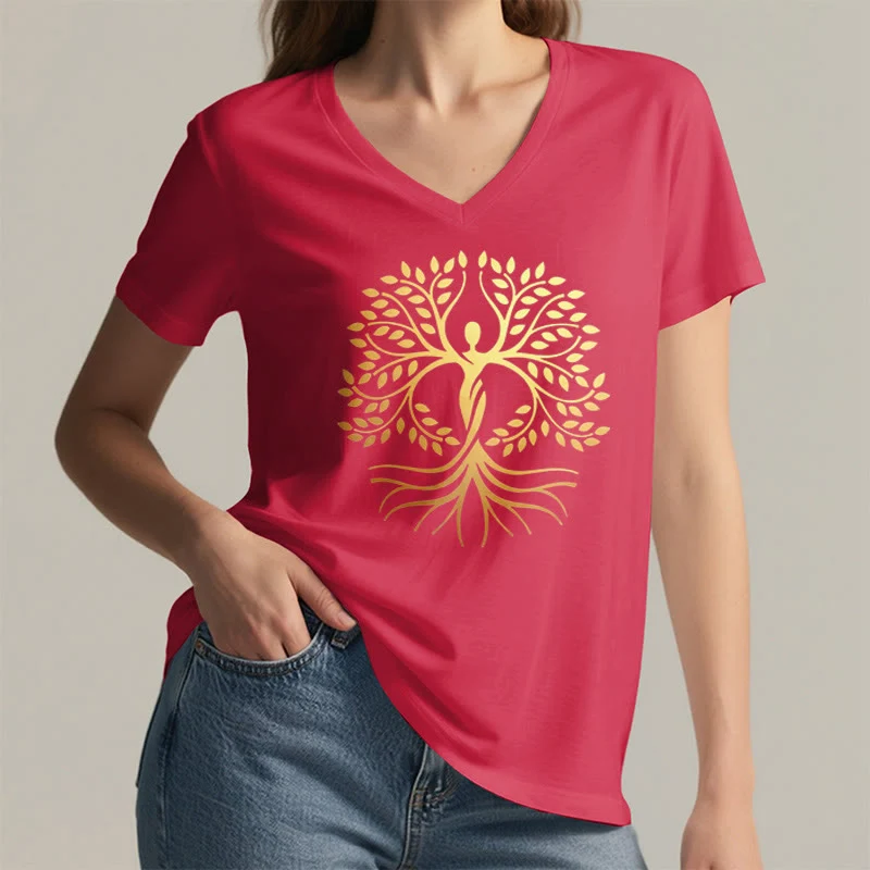 Olivenorma Goldfolien-T-Shirt mit menschlicher Silhouette und spirituellem Lebensbaum-Motiv, V-Ausschnitt, für Damen