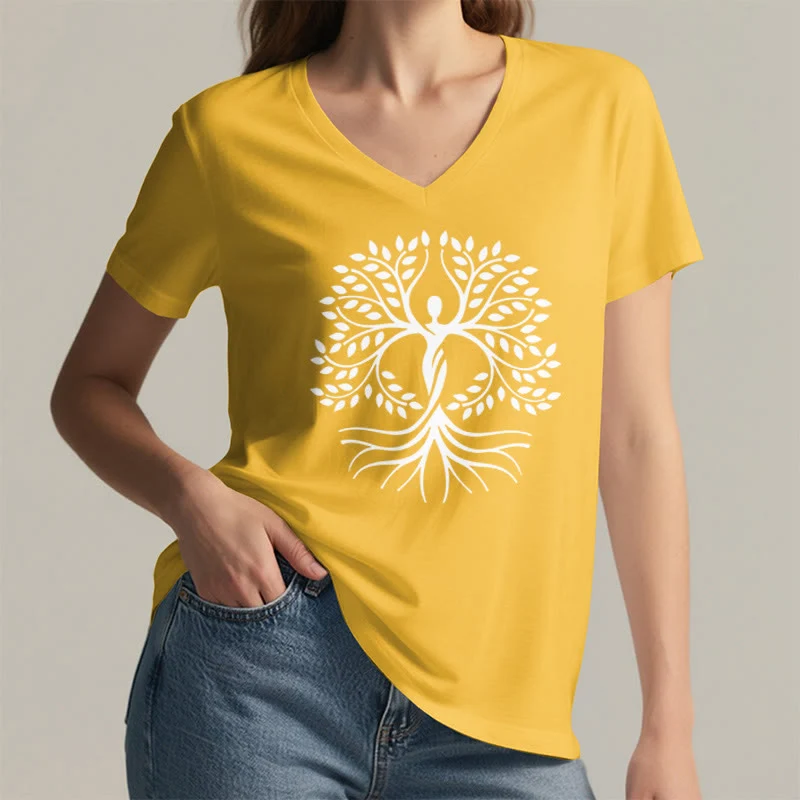 Olivenorma Goldfolien-T-Shirt mit menschlicher Silhouette und spirituellem Lebensbaum-Motiv, V-Ausschnitt, für Damen