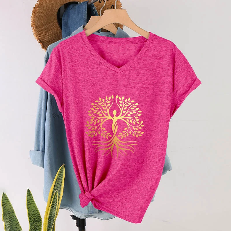 Olivenorma Goldfolien-T-Shirt mit menschlicher Silhouette und spirituellem Lebensbaum-Motiv, V-Ausschnitt, für Damen