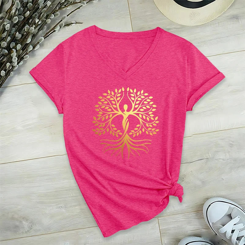 Olivenorma Goldfolien-T-Shirt mit menschlicher Silhouette und spirituellem Lebensbaum-Motiv, V-Ausschnitt, für Damen