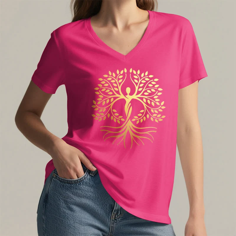 Olivenorma Goldfolien-T-Shirt mit menschlicher Silhouette und spirituellem Lebensbaum-Motiv, V-Ausschnitt, für Damen