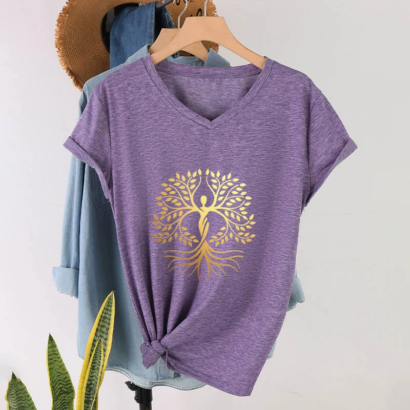 Olivenorma Goldfolien-T-Shirt mit menschlicher Silhouette und spirituellem Lebensbaum-Motiv, V-Ausschnitt, für Damen